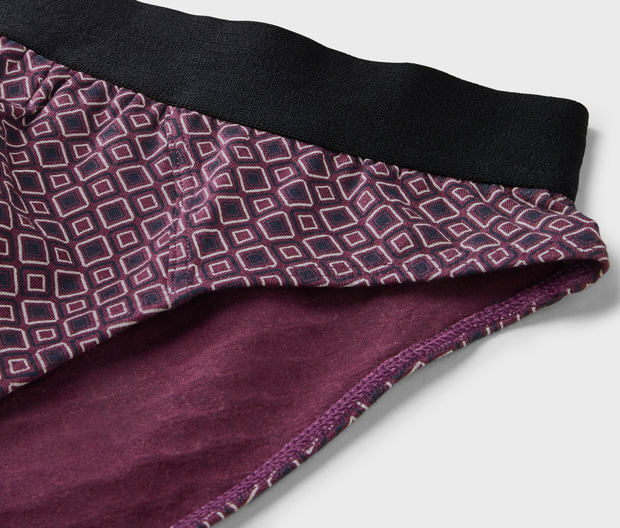 Gros plan sur un lot de 4 slips violets à motifs géométriques avec une ceinture élastique noire.