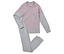 Un pantalon de survêtement gris et un t-shirt à manches longues avec des détails roses sont posés sur un fond blanc.