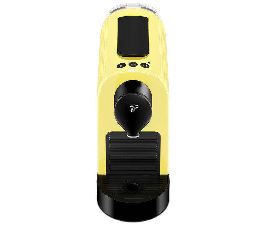 Machine à café à capsules Tchibo jaune avec base noire.