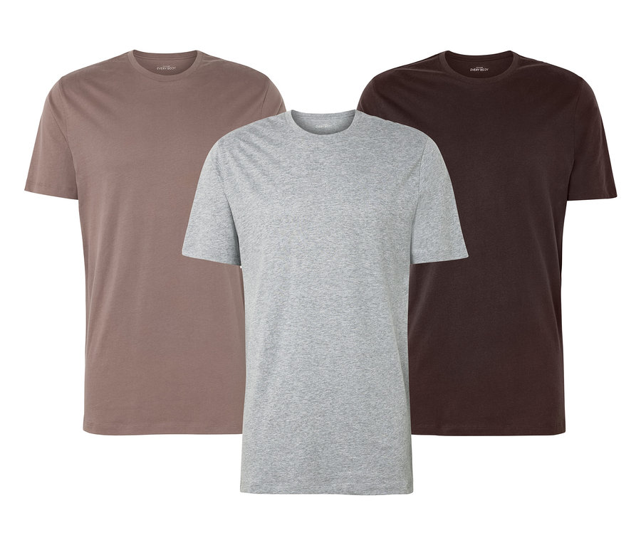 Trois t-shirts à manches courtes en marron, gris et marron foncé.