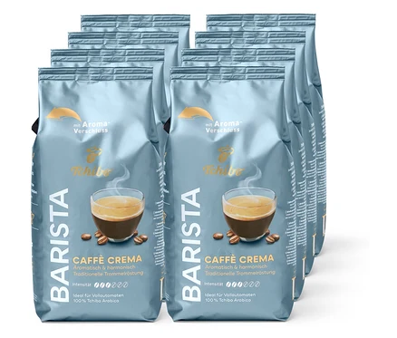 Plusieurs paquets de café Barista Caffè Crema dans un emballage gris avec une image de tasse à café.