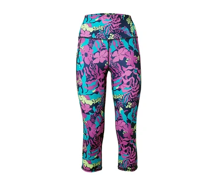 Collant de sport 3/4 avec imprimé floral intégral dans les tons violet, vert et bleu.