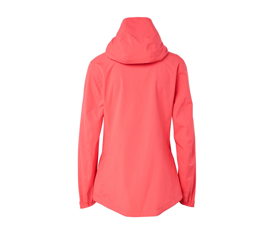 Vue arrière d'une veste outdoor 2,5 couches corail avec capuche.