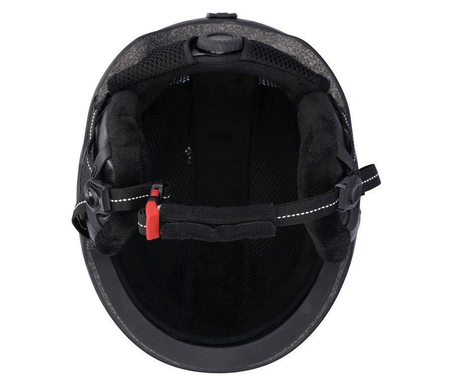 Intérieur d'un casque noir avec une sangle réglable et un rembourrage.