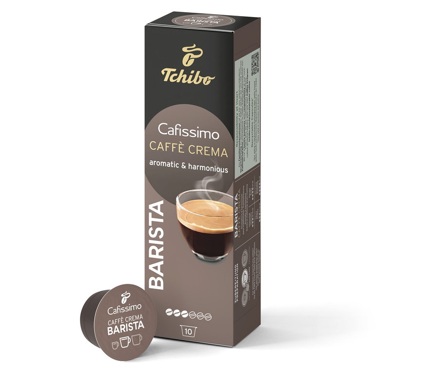 Un paquet et une capsule Cafissimo BARISTA Caffè Crema.