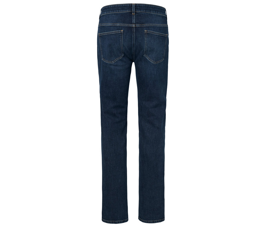 Vue arrière d'un jean bleu foncé.