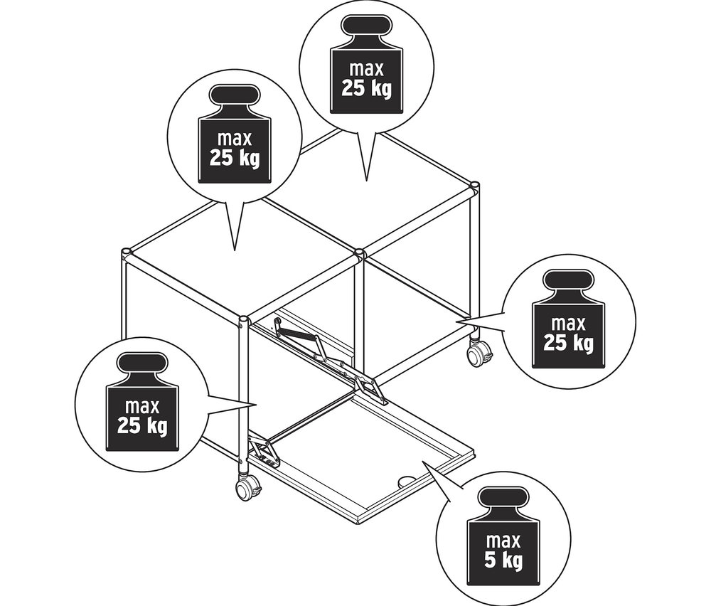 Schéma d'une table d'appoint métallique blanche « CN3 » avec un abattant et des roulettes.