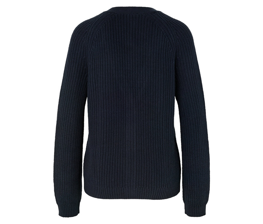 Pull en tricot bleu marine à manches longues, vue de dos.