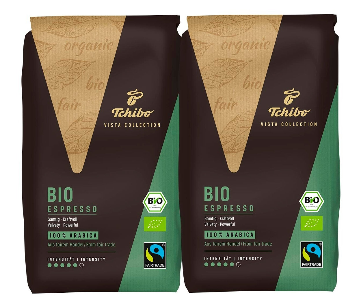 Deux paquets de BIO Espresso Tchibo VISTA COLLECTION. Les paquets sont marron et vert.