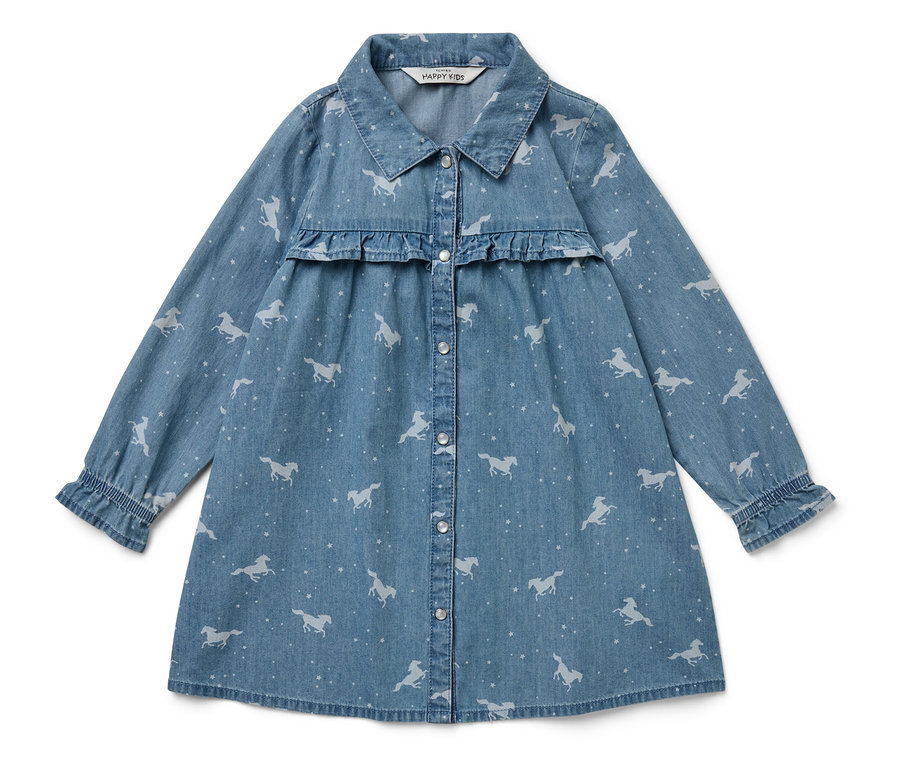 Robe en jean bleue avec imprimé de chevaux, manches longues et volant.