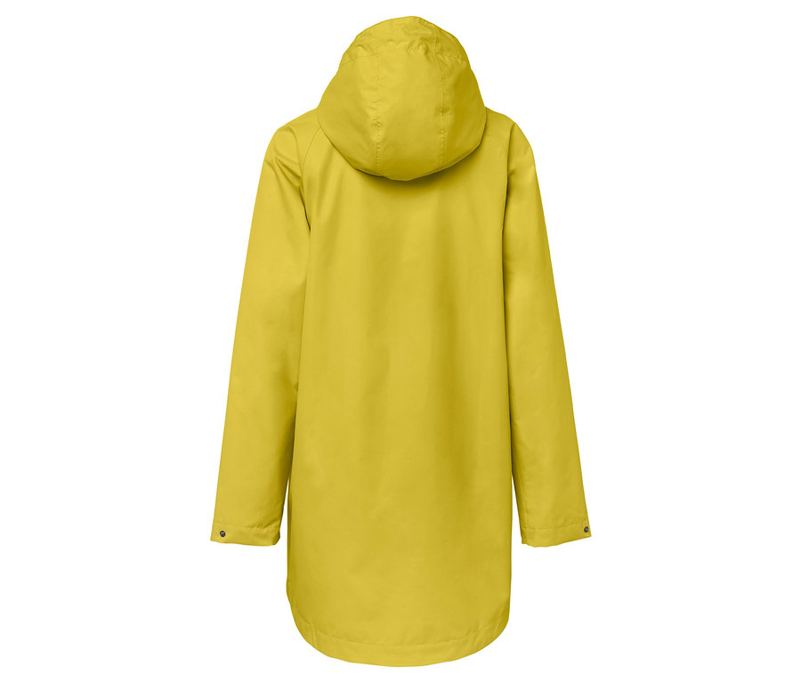 Imperméable jaune à capuche vu de dos.