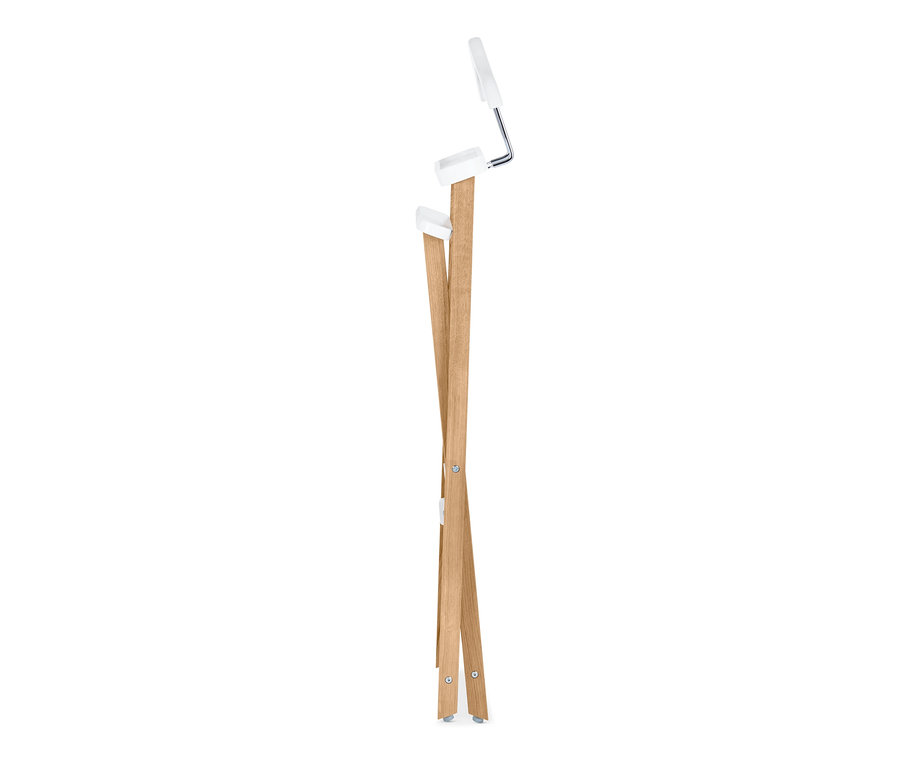 Support en bois pliable avec détails blancs sur fond blanc.