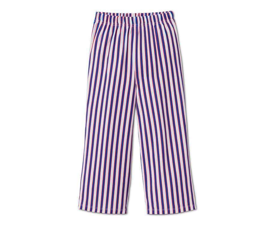 Pantalon de pyjama pour filles avec des rayures bleues et rouges sur fond blanc.