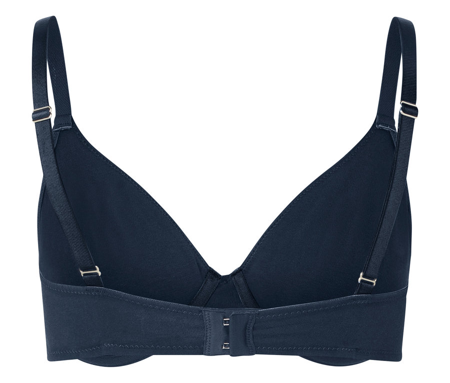 Vue arrière d'un soutien-gorge bleu marine avec bretelles réglables et fermeture à agrafes.
