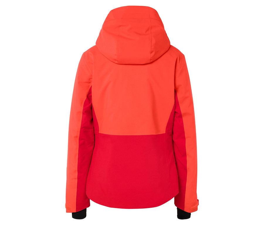 Vue arrière d'une veste de ski rouge et orange avec capuche.