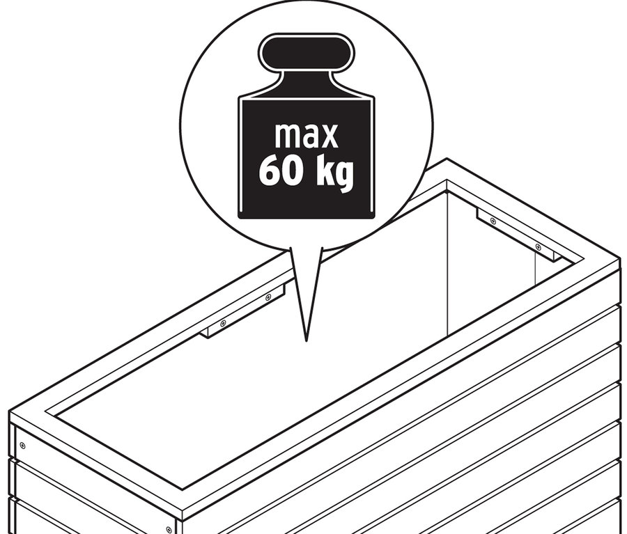Dessin d'un potager surélevé rectangulaire avec une capacité de charge maximale de 60 kg.