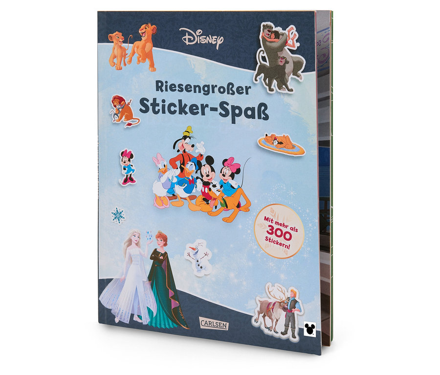 La couverture présente un collage de personnages Disney tels que Mickey Mouse, Donald Duck, des personnages du Roi Lion et de la Reine des Neiges.