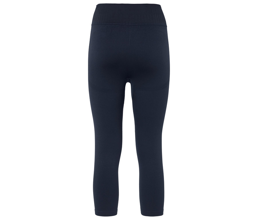 Leggings bleu foncé arrivant au genou, photographié de dos.