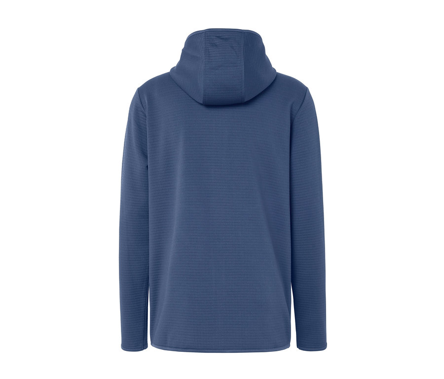 Vue arrière d'une veste fonctionnelle bleue à capuche.