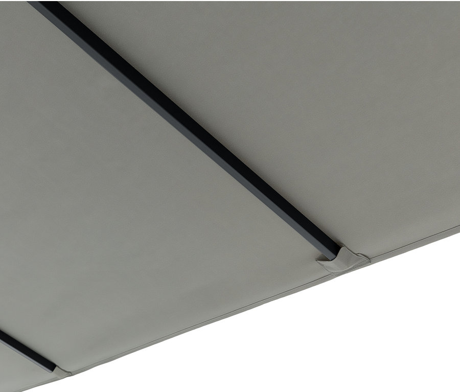 Vue de dessous d'un double parasol Leco gris clair avec armature noire.