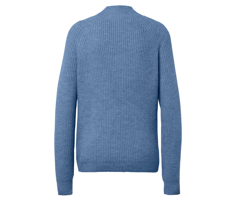 Pull bleu en tricot à manches longues et col montant.