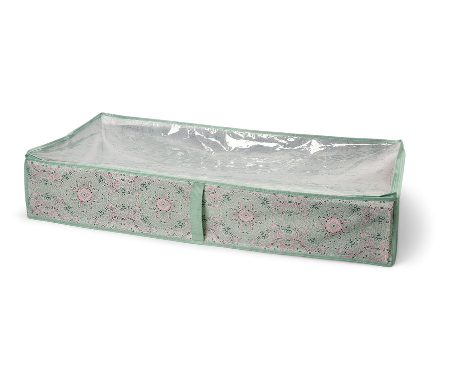 Commode de dessous de lit avec couvercle transparent et motif.