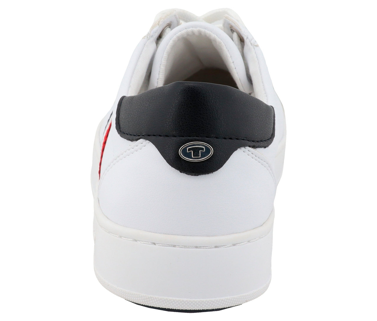 Vue arrière d'une basket blanche avec contrefort noir et logo.