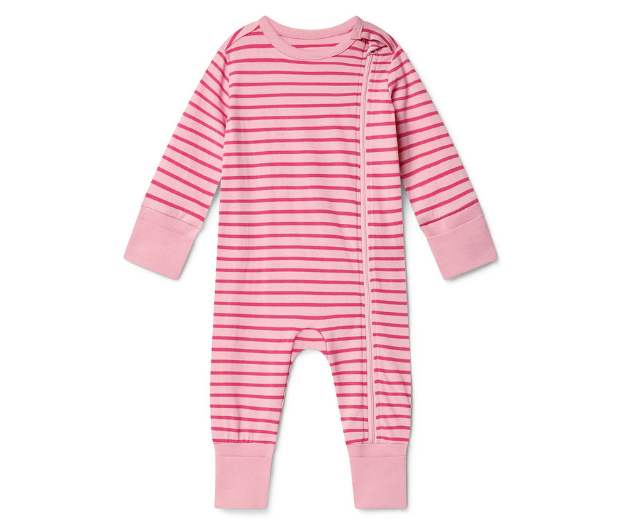 Pyjama rayé rose pour bébé avec fermeture éclair intégrale.