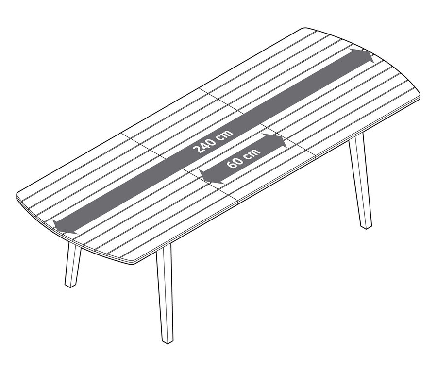 Vue de dessus d'une table de jardin à rallonges avec façades arrondies, env. 180-240 cm.