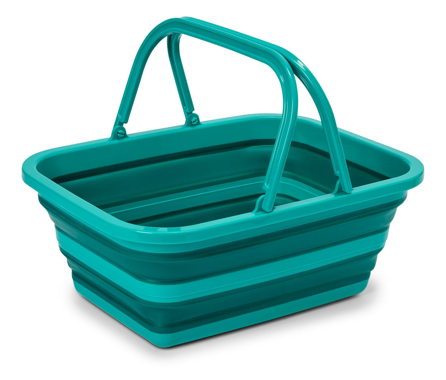Un panier à linge turquoise et vert, rectangulaire avec des poignées, se trouve sur un fond blanc.