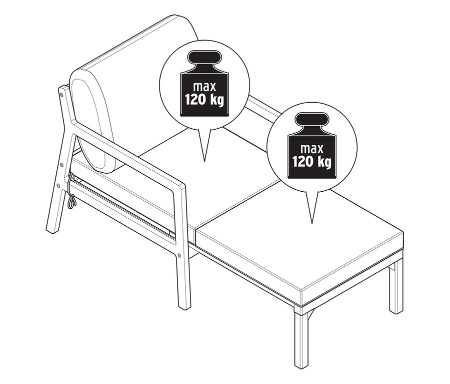 Illustration d'un fauteuil de jardin extensible avec une limite de poids.
