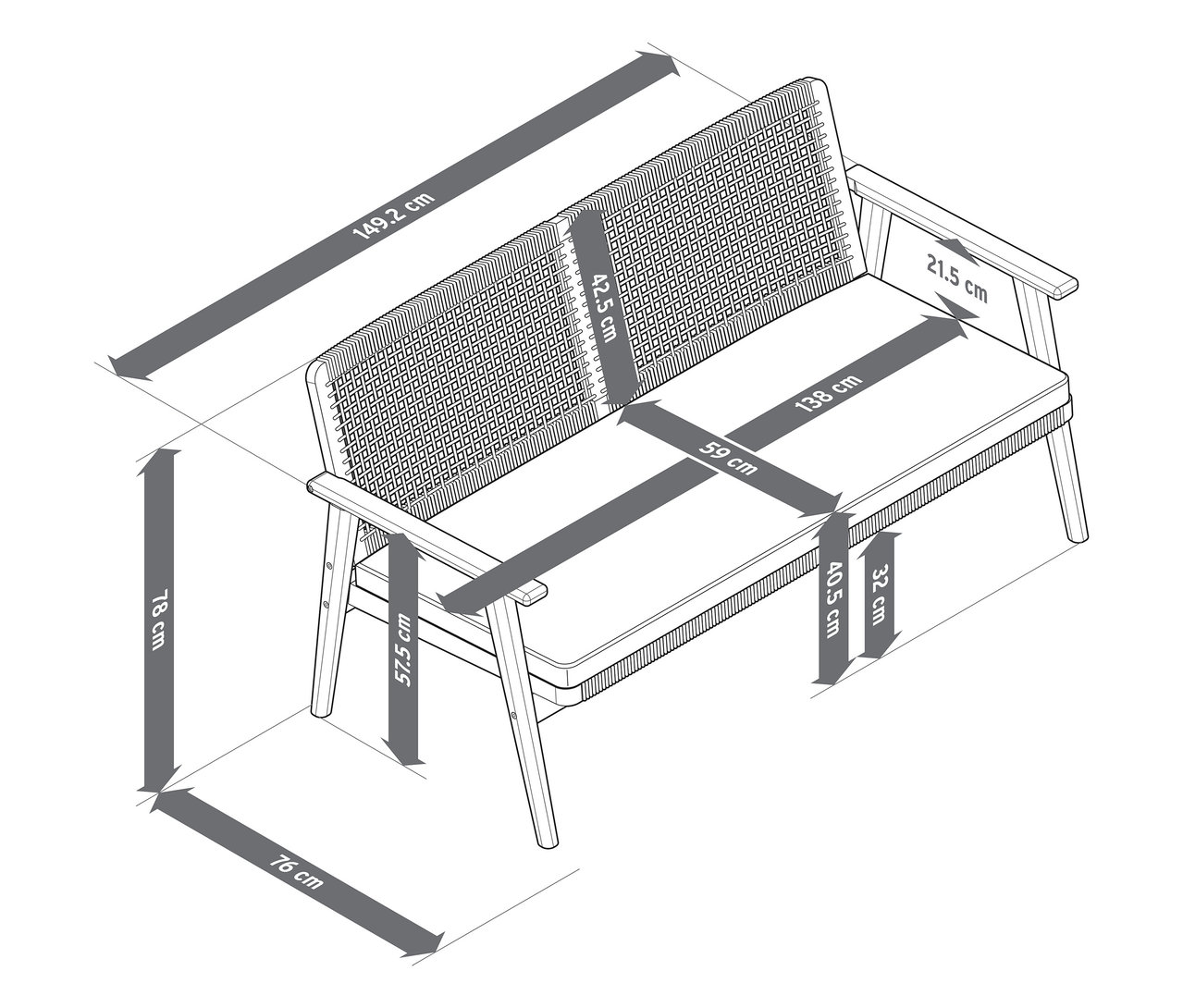 Vue de dessus d'un dessin de canapé de jardin avec les dimensions de largeur et de hauteur.
