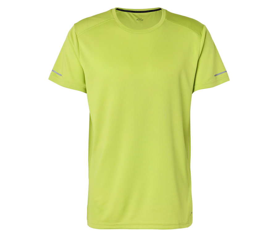 Un t-shirt de sport vert clair est posé sur un fond blanc.