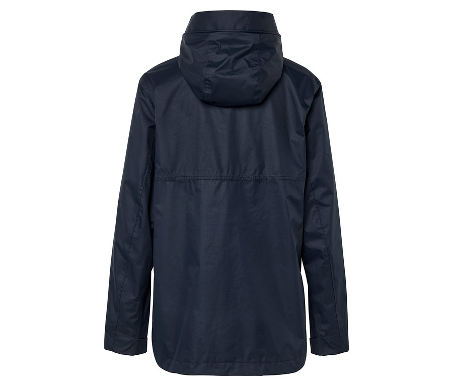 Imperméable bleu marine à capuche, photographié de dos.