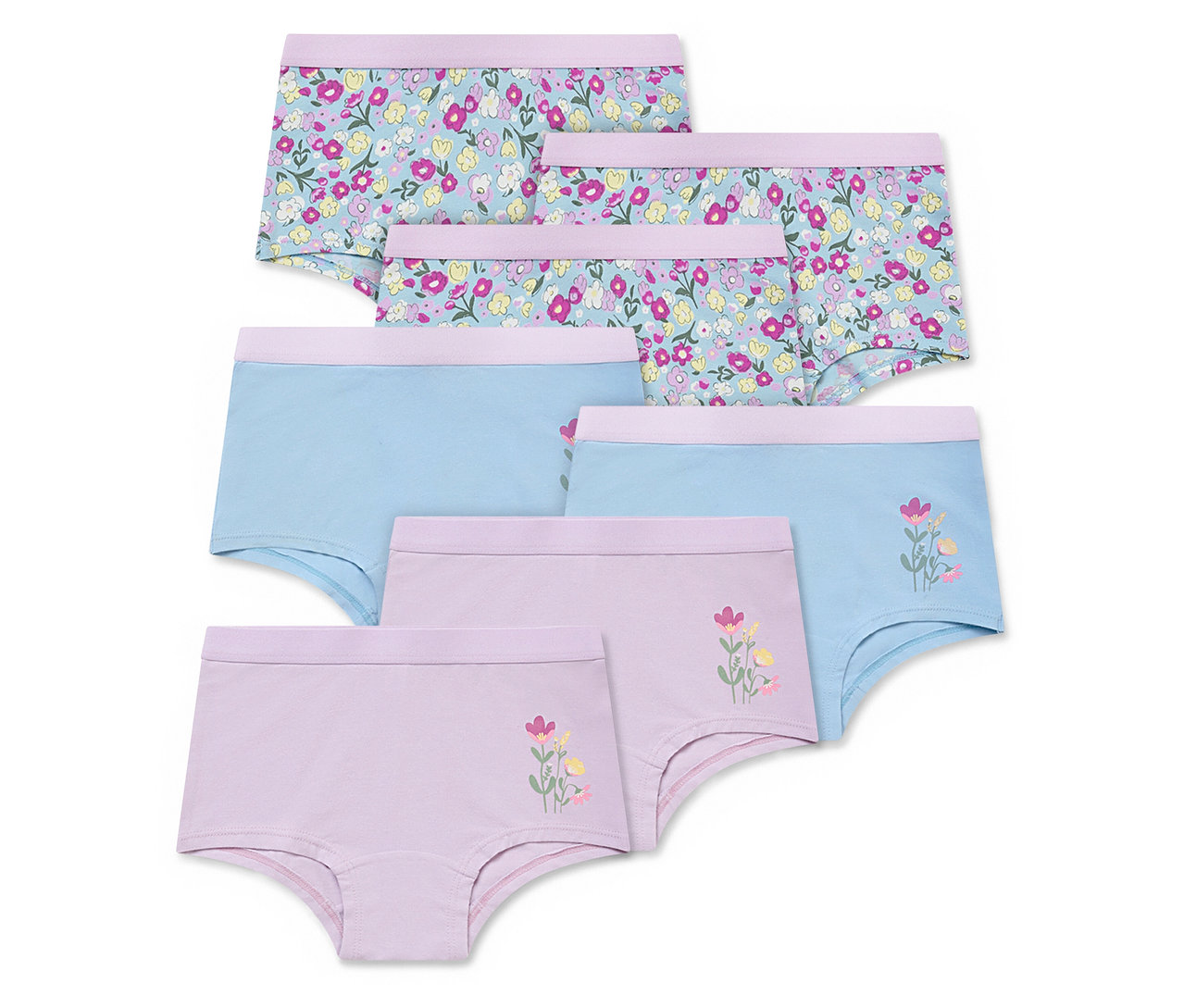 Sept culottes pour enfant empilées dans différents motifs : motif floral, bleu uni et violet avec application florale.