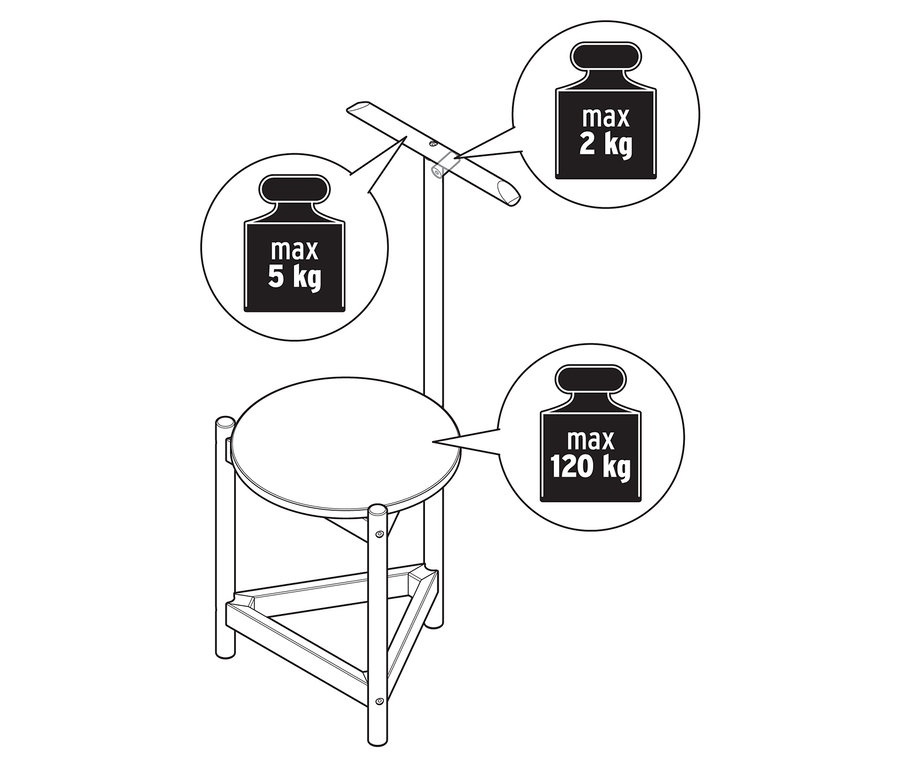 Schéma d'un valet muet avec tabouret en bois massif avec indications de poids.