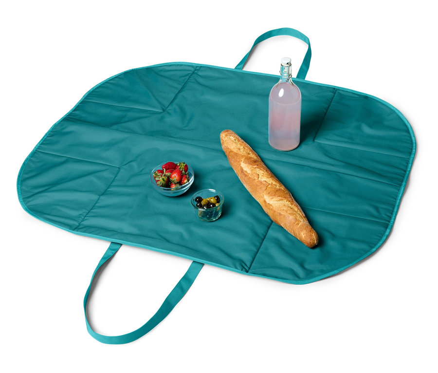 Vue de dessus d'une couverture de pique-nique bleue avec des fraises, des olives, une baguette et une boisson.