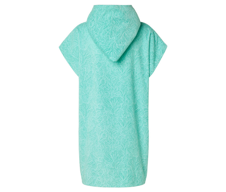De dos, on voit un poncho turquoise à capuche avec un motif plus clair de lignes sinueuses.