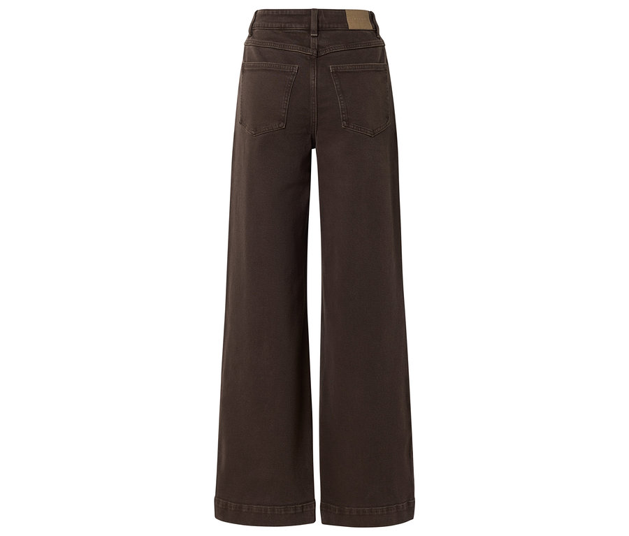 Vue arrière d'un pantalon marron à jambes larges avec poches.