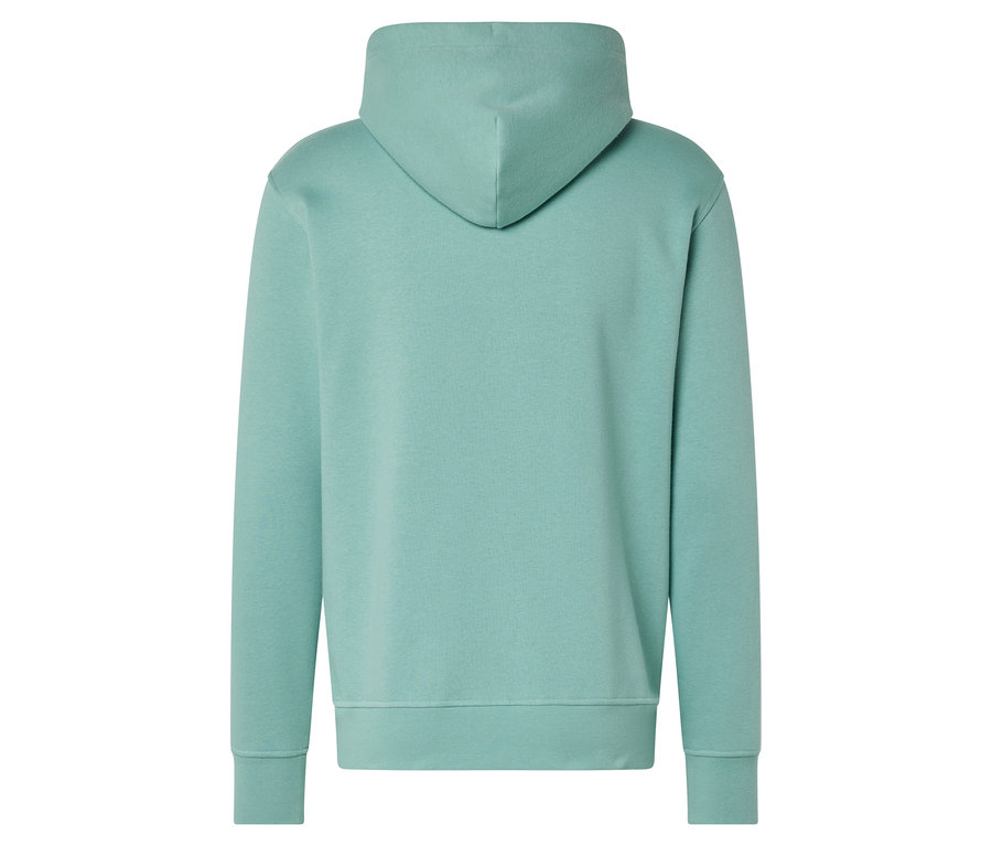 Vue arrière d'un sweat à capuche turquoise clair.