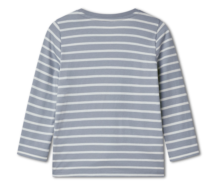 Vue arrière d'un t-shirt à manches longues rayé gris et blanc.