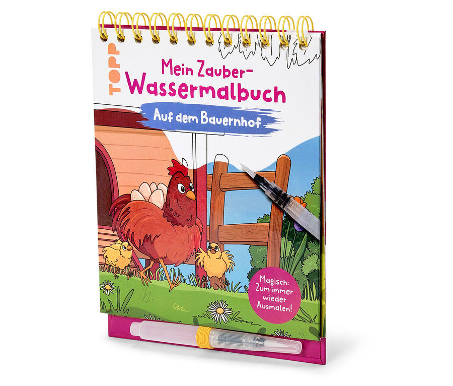 Gros plan sur un 'Mein Zauber-Wassermalbuch' avec une poule et des poussins dans une ferme, incluant un pinceau.