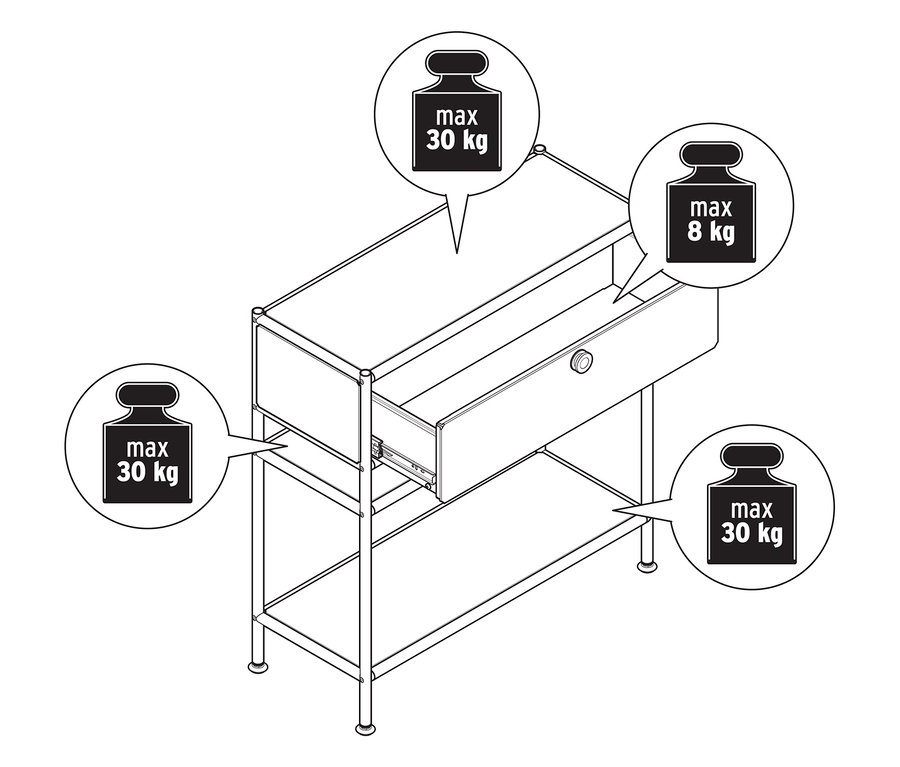 Vue de dessus d'une console métallique «	CN3 Slim Line	» avec tiroir. La console a un tiroir ouvert et une étagère. Des poids sont représentés sur la console et le tiroir.