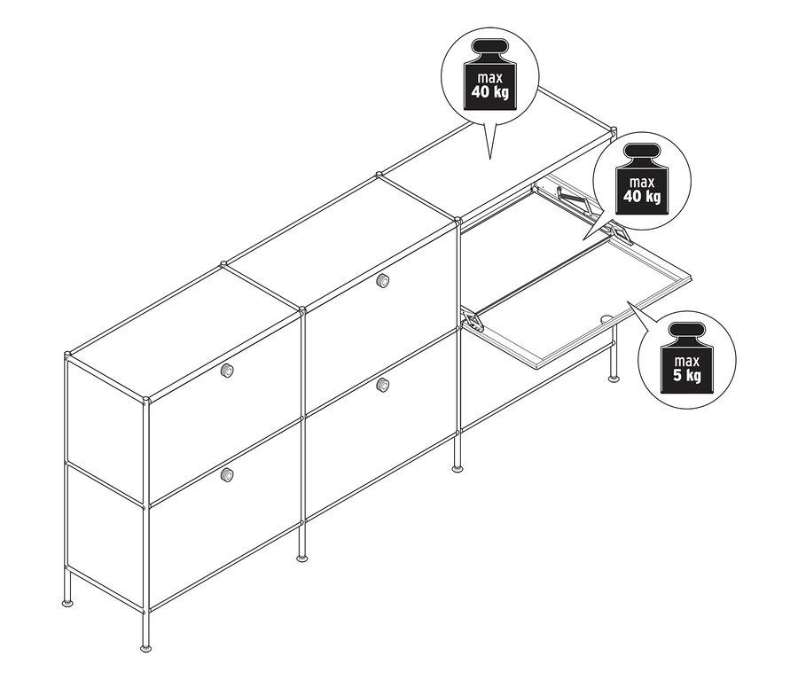 Vue de dessus d'un système d'étagères modulaires avec des compartiments partiellement ouverts et des informations sur le poids.