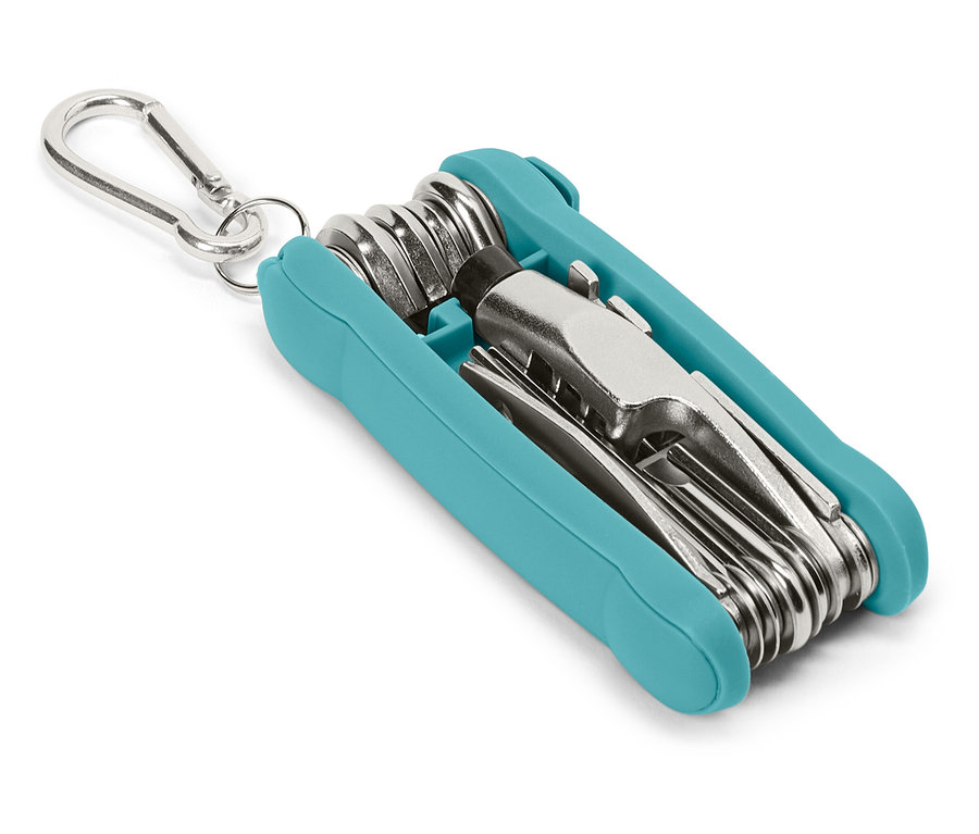 Outil multifonction avec mousqueton et boîtier turquoise.
