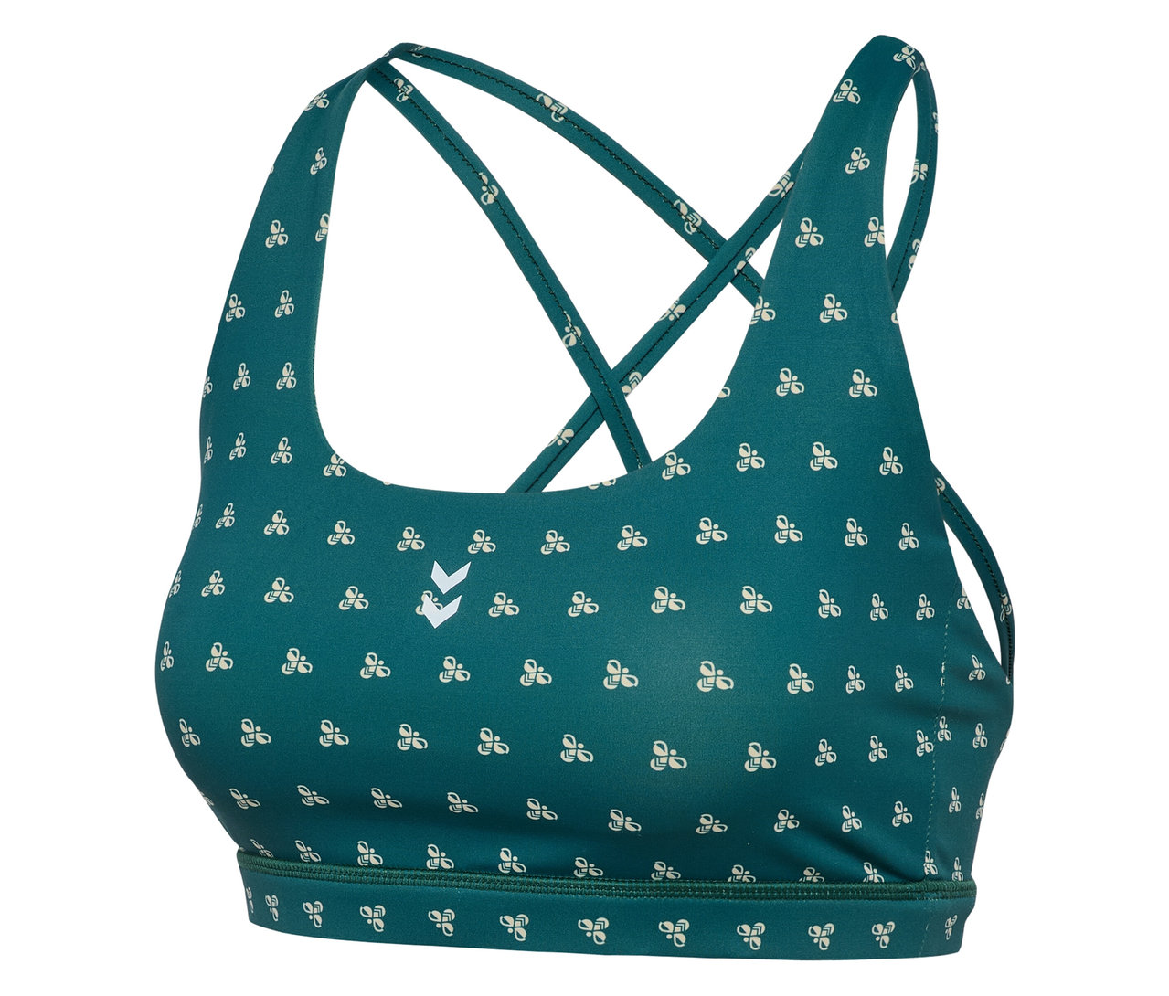 Gros plan d'un soutien-gorge de sport HUMMEL pour femme, vert avec un motif blanc et des bretelles croisées.
