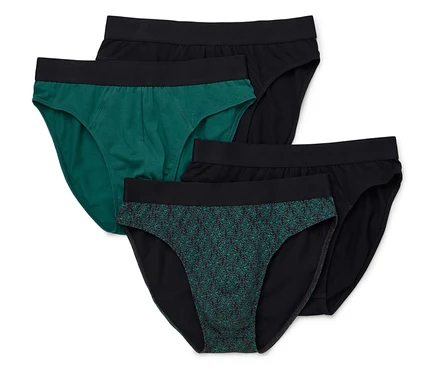 Vue de dessus de quatre slips pour hommes, trois noirs et un vert à motifs.