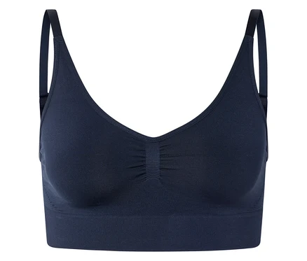 Soutien-gorge bleu marine avec col en V et bretelles.