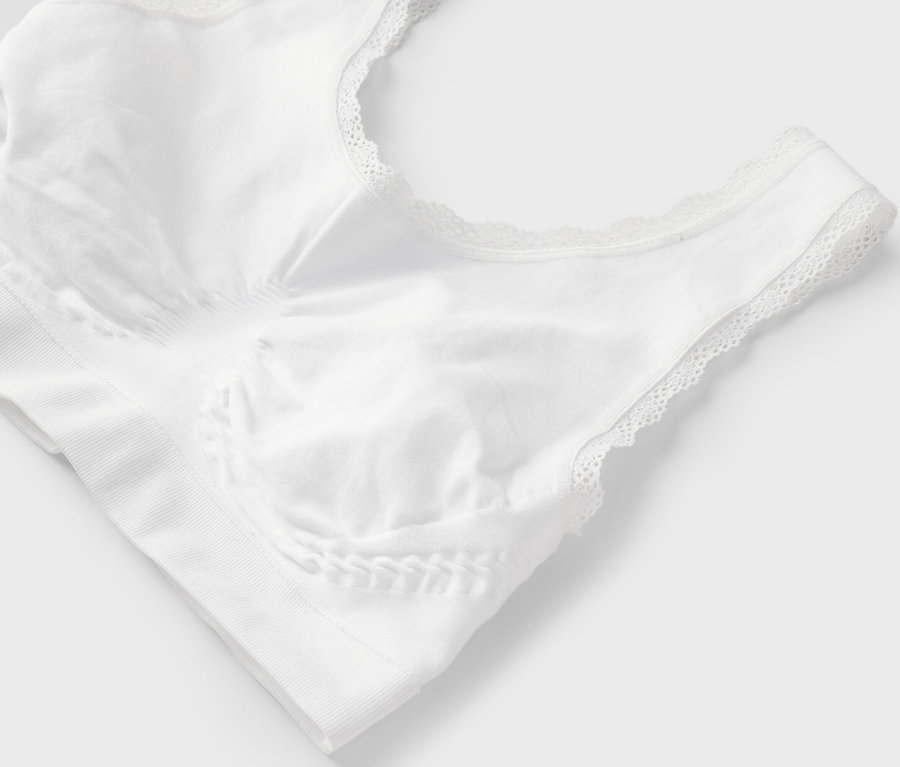 Gros plan d'un soutien-gorge de sport blanc avec des finitions en dentelle.