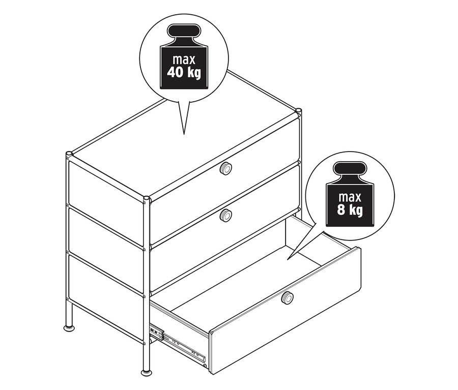 Commode en métal « CN3 » avec trois tiroirs dont un ouvert, charge maximale de la commode 40 kg, charge maximale du tiroir 8 kg.